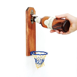 Wall Mount Bottle Opener with Cap Catcher: Handmade Pine Wood Basketball Design