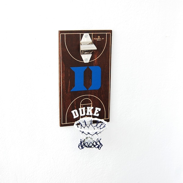 Duke Basketball, Duke Blue Devils, Bottle opener wall mount, beer opener, cap catcher, basketball, basketball gift, man cave, wedding gift