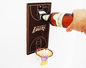 Lakers Bottle Opener: Wooden Basketball Court Design, Man Cave Decor