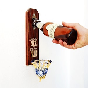 The best beer is an open beer, Fathers day gift, Wall Mounted Beer Opener, Groomsmen Gift for Beer Lovers, Basketball Cap Catcher, man cave