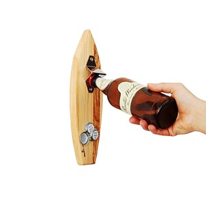 Handmade Surfboard Bottle Opener: Pine & Olive Wood with Cap Catcher