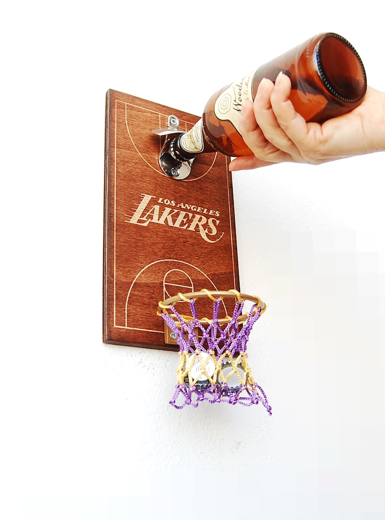 Lakers man cave beer opener Los Angeles Lakers cap catcher,fathers day gift,basketball,basketball gift Wall mounted bottle opener
