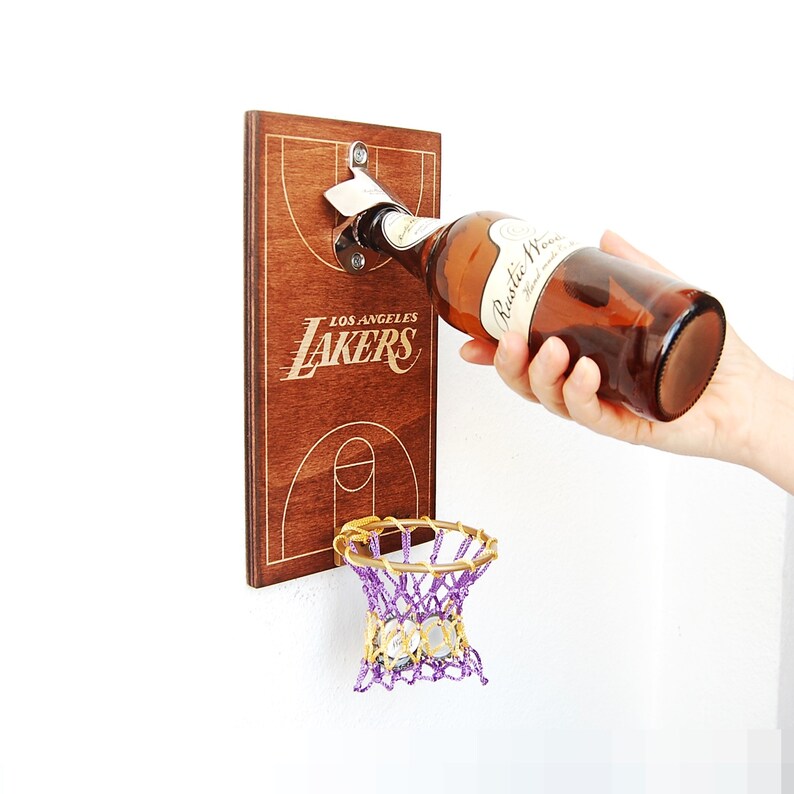 Lakers man cave beer opener Los Angeles Lakers cap catcher,fathers day gift,basketball,basketball gift Wall mounted bottle opener