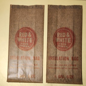 2 NOS Vintage Red & White Grocery Ice Cream Bags.