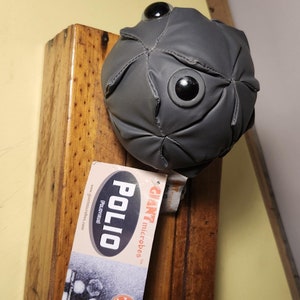 Peut inclure: Un jouet en peluche gris en forme de virus de la polio avec deux yeux noirs. Le jouet est posé sur une étagère en bois avec une étiquette qui indique "Giant microbes™ Polio (Poliovirus) www.giantmicrobes.com".