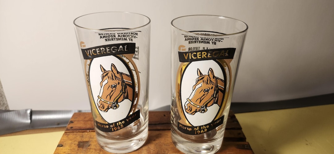 Pair 1968 Horse of the Year VICEREGAL Mint Julep Glasses. Horse