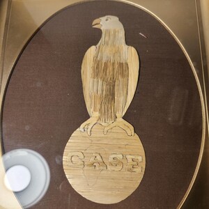 May include: A framed artwork featuring a wood-carved eagle perched on a globe with the word "CASE" carved into the globe. The eagle and globe are made of natural wood and have a light brown colour.