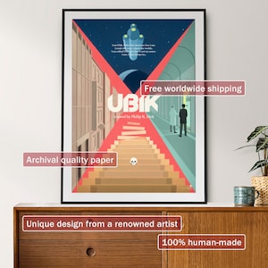 Hand-drawn Ubik poster inspired by Philip K. Dick, abstract literary sci-fi illustration with striking typography for modern interiors.
