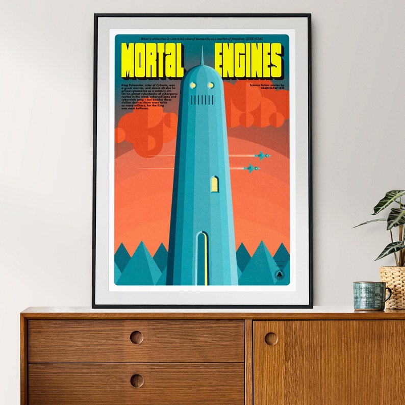 Hand-drawn Mortal Engines / Bajki robotów poster inspired by Stanisław Lem, imaginative machine-themed illustration with expressive book-cover typography.