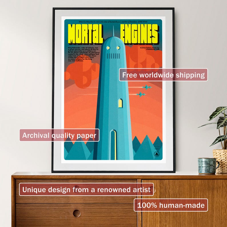 Hand-drawn Mortal Engines poster inspired by Stanisław Lem, imaginative machine-themed illustration with expressive book-cover typography.