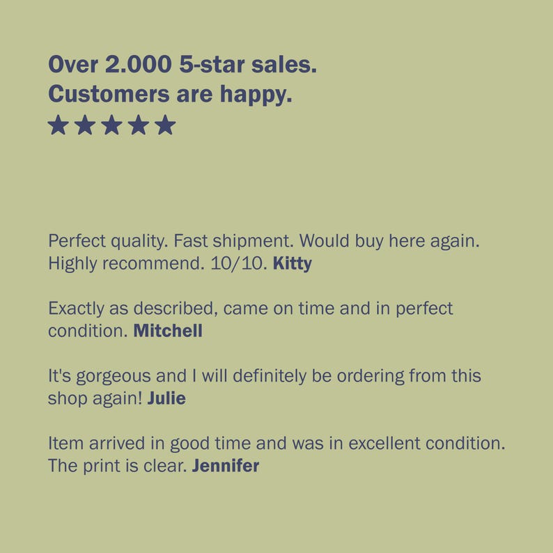 May include: A screenshot of customer reviews for a product. The reviews are positive and mention the product's quality, shipping speed, and overall satisfaction. The text includes the following: "Over 2,000 5-star sales. Customers are happy."
