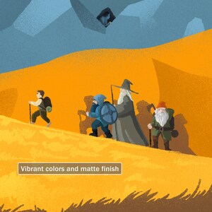 May include: A group of four figures, including a wizard with a pointed hat and a long beard, walk across a yellow landscape. The figures are walking towards a cave in the distance. The image has a vibrant color palette and a matte finish.