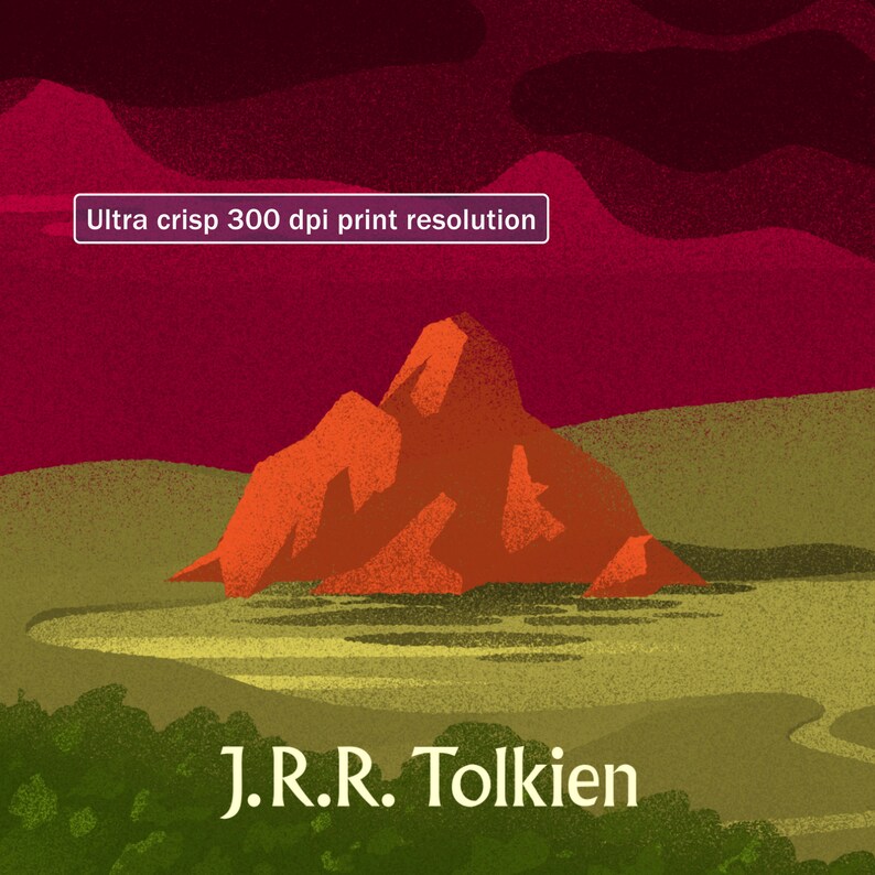 May include: A digital illustration of a mountain range with a red-purple sky. The text "J.R.R. Tolkien" is at the bottom of the image. The text "Ultra crisp 300 dpi print resolution" is in a white box at the top of the image.