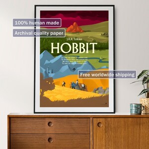 Hand-drawn Hobbit poster inspired by J.R.R. Tolkien, colorful fantasy illustration with bold title lettering, perfect for Middle-earth fans.