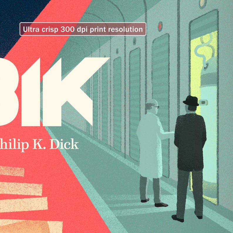 May include: A book cover with the title "BIK" and the author "Philip K. Dick" in white text on a red background. The cover also features a white arrow pointing to the right. The background image is a hallway with two men in white and black suits standing in front of a closed door.