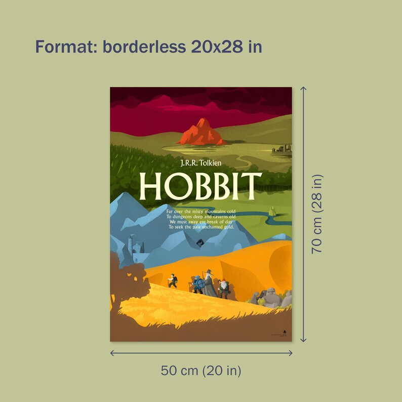 Hand-drawn Hobbit poster inspired by J.R.R. Tolkien, colorful fantasy illustration with bold title lettering, perfect for Middle-earth fans.