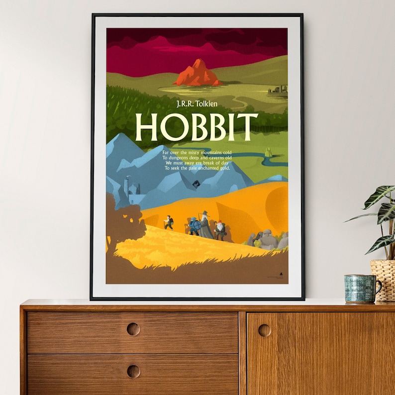 Hand-drawn Hobbit poster inspired by J.R.R. Tolkien, colorful fantasy illustration with bold title lettering, perfect for Middle-earth fans.