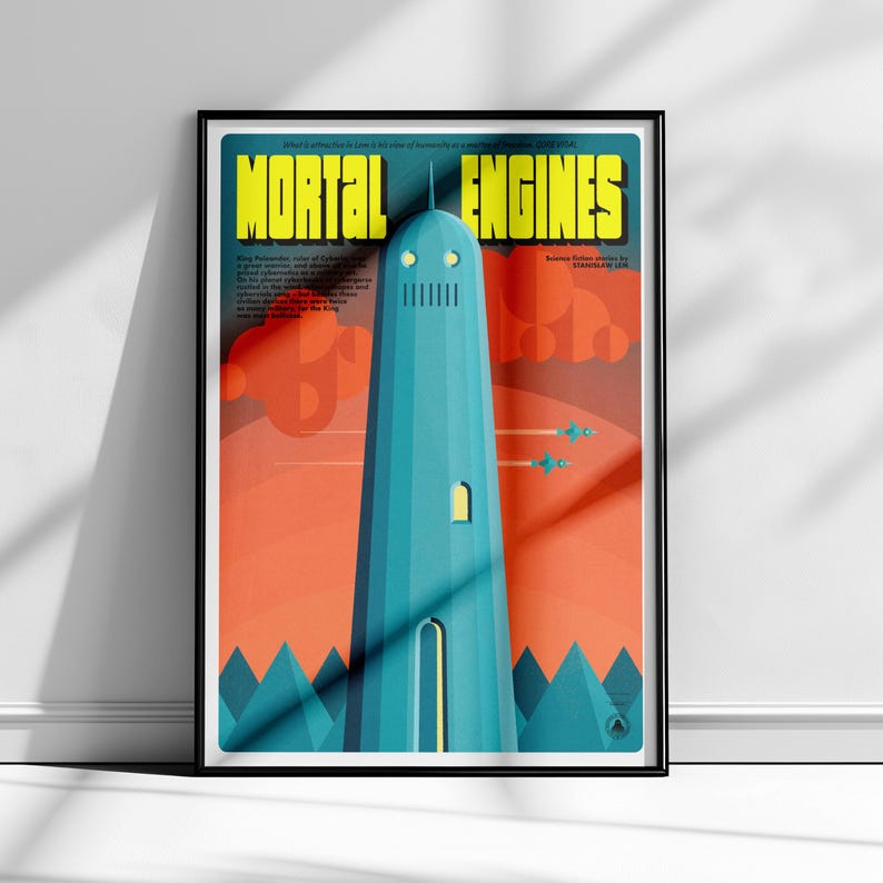 Hand-drawn Mortal Engines poster inspired by Stanisław Lem, imaginative machine-themed illustration with expressive book-cover typography.