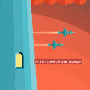 May include: A digital illustration of a blue tower with a yellow window against a red background. Two blue and yellow flying objects are flying in front of the tower. The text "Ultra crisp 300 dpi print resolution" is at the bottom of the image.