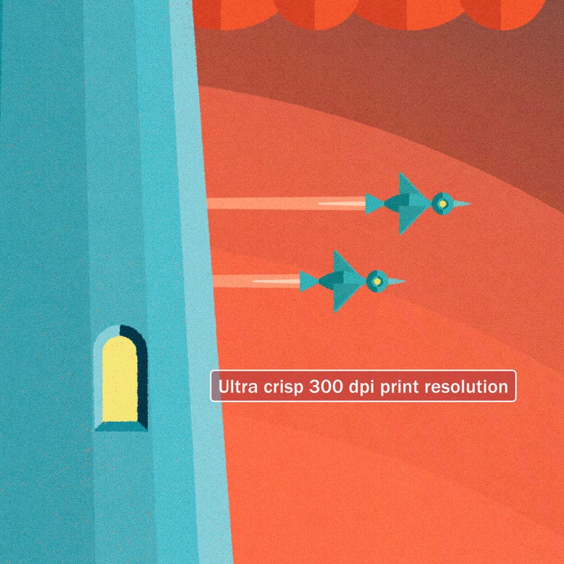 May include: A digital illustration of a blue tower with a yellow window against a red background. Two blue and yellow flying objects are flying in front of the tower. The text "Ultra crisp 300 dpi print resolution" is at the bottom of the image.