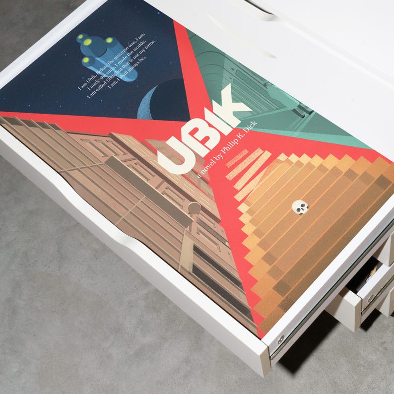Hand-drawn Ubik poster inspired by Philip K. Dick, abstract literary sci-fi illustration with striking typography for modern interiors.