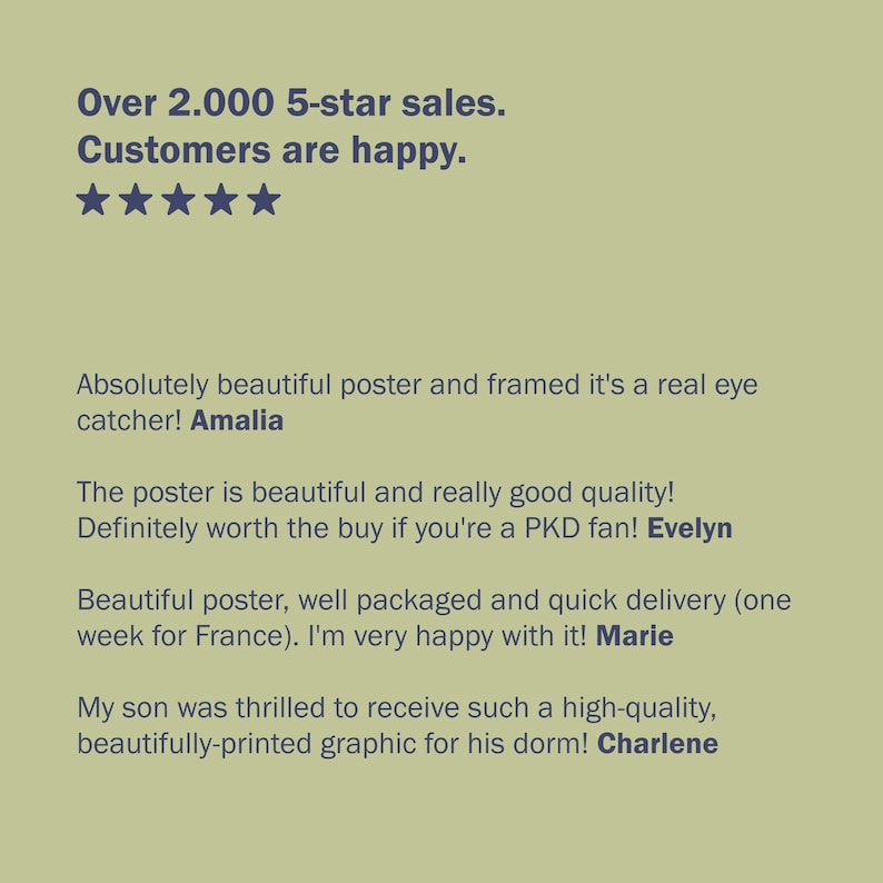 May include: A screenshot of customer reviews for a product. The text reads "Over 2,000 5-star sales. Customers are happy." and includes several positive reviews from customers named Amalia, Evelyn, Marie, and Charlene.