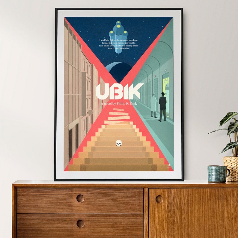 Hand-drawn Ubik poster inspired by Philip K. Dick, abstract literary sci-fi illustration with striking typography for modern interiors.