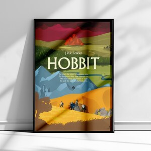 Hand-drawn Hobbit poster inspired by J.R.R. Tolkien, colorful fantasy illustration with bold title lettering, perfect for Middle-earth fans.