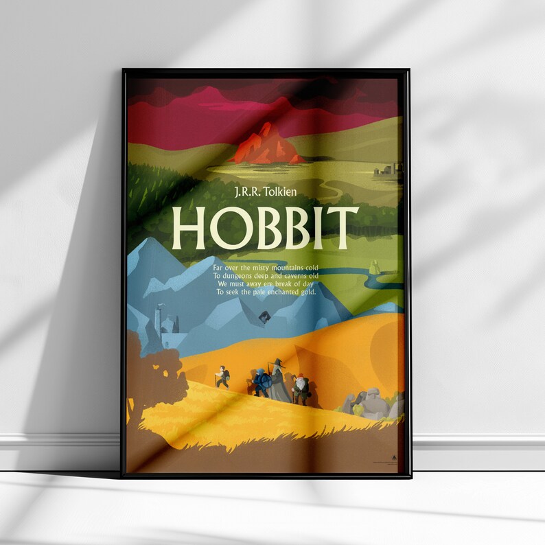Hand-drawn Hobbit poster inspired by J.R.R. Tolkien, colorful fantasy illustration with bold title lettering, perfect for Middle-earth fans.