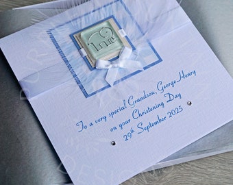 Gift Boxed Christening Card for Boy 'Elephant', Personalised for Son, Grandson, Godson, Nephew linen card