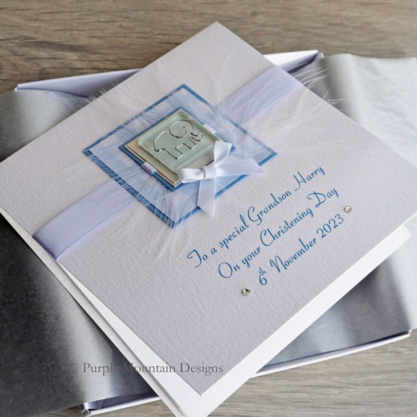 Handmade Boxed Christening Card for Boy - 'Elephant', Personalised for Son, Grandson, Godson, Nephew etc