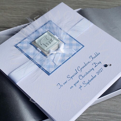 Handmade Boxed Christening Card for Boy - 'Elephant', Personalised for Son, Grandson, Godson, Nephew etc