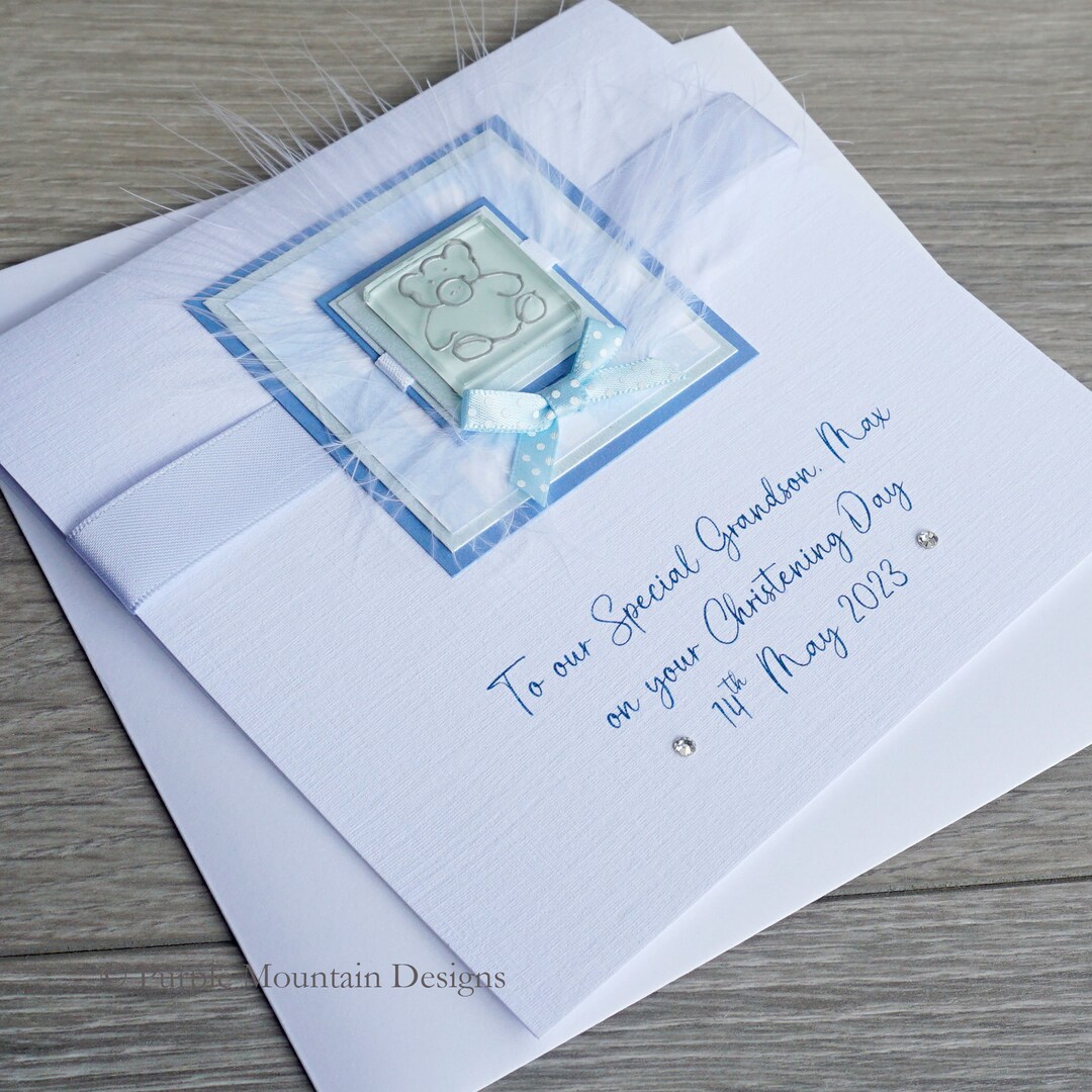 Handmade Christening Card for Boy 'gingham Teddy', Personalised for Son, Grandson, Godson