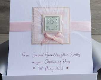 Handmade Boxed Christening Card for Girl 'Pink Gingham Teddy', Personalised for Daughter, Grandaughter, Goddaughter, Niece etc