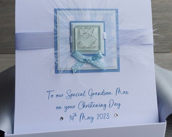 Handmade Boxed Christening Card for Boy 'Teddy Bear' Personalised for Son, Grandson, Godson, Nephew etc