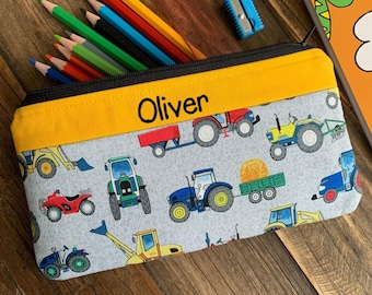 Personalised Tractor pencil case Handmade fabric Farm vehicle zip pouch Children's any name wallet Kids farmer custom back to school bag