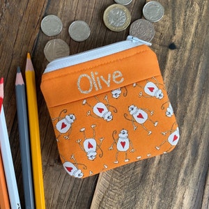 Porte-monnaie personnalisé pour enfants, coeurs de singe, pochette zippée pour animaux, portefeuille d'argent safari, cadeau avec tous les prénoms, sac fait main pour enfants, garçon, fille