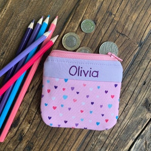 Porte-monnaie personnalisé coeur Pochette rose zippée en tissu Porte-monnaie pour enfant avec nom et prénom Love Heart, lettrage scintillant personnalisé pour la rentrée des classes