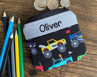 Porte-monnaie personnalisé Monster Truck Pochette zippée pour véhicule au nom de votre choix Porte-monnaie voiture pour enfants Cadeau personnalisé pour la rentrée des enfants