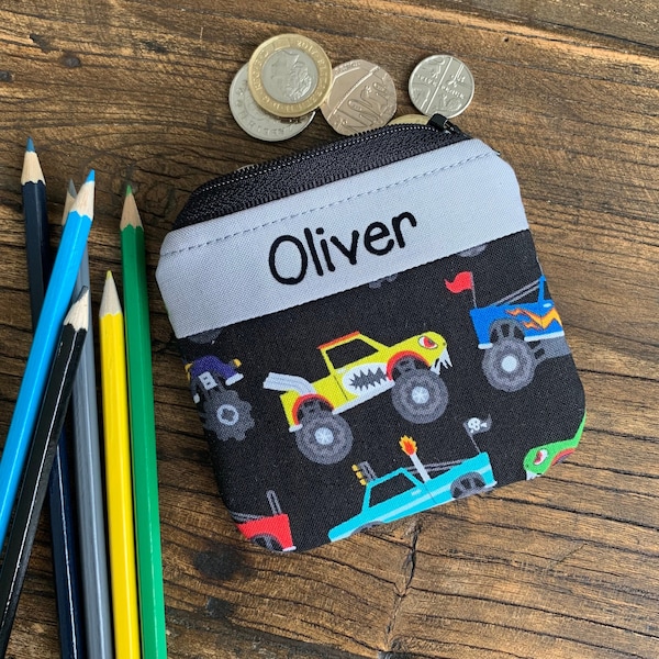 Personalised Monster Truck coin purse Handmade any name vehicle zip pouch Children’s car money wallet Kids back to school custom gift