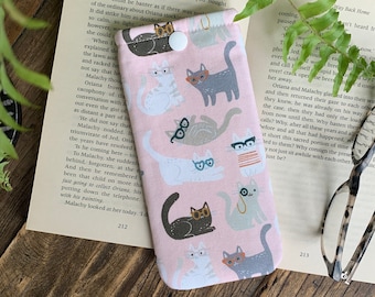 Estuche para gafas de tela con estampado de gatos hecho a mano, estuche para gafas de sol con cierre a presión, funda suave para gafas, bolsa para gafas con estampado de gatitos, hecho a mano, rosa, regalo