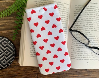 Handmade Heart Fabric Glasses Case Spectacles Snap Pouch Red Love Heart Eyeglass Soft Case Padded Sunglasses Bag Valentines Anniversary Gift