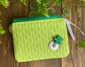 Monedero de tela de flores hecho a mano Cartera de dinero con cremallera floral Bolsa de tarjeta verde Idea de regalo de jardineros