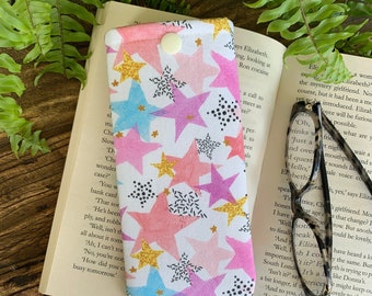 Star fabric padded glasses case Handmade spectacles snap pouch Pink blue gold spotty eyeglass cover Holiday Astrology gift idea