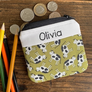 Porte-monnaie animal personnalisé fait main en tissu vache pochette zippée ferme portefeuille pour enfants fille personnalisé prénom vert sac de rentrée