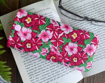 Handmade Petunia flower fabric glasses case pink sunglasses pouch Soft spectacle cover Gardeners floral gift Wildlife lovers eyeglass gift