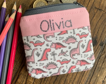 Handmade Personalised kids dinosaur coin purse Fabric pink money wallet Any name children’s zip pouch Custom back to school mini bag