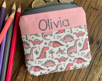 Personalised fabric kids pink dinosaur coin purse pouch wallet named for children boy or girl, small gift free UK delivery