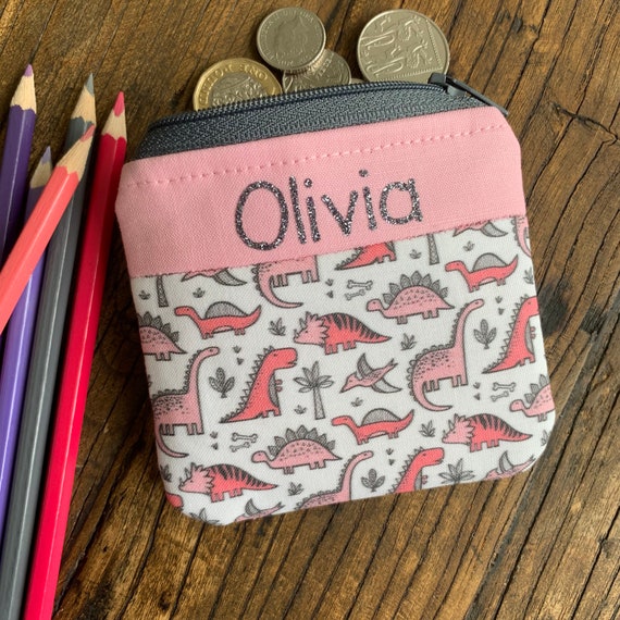 Handmade Personalised Kids Dinosaur Coin Purse Fabric Pink Money Wallet Any Name Childrens Zip Pouch Custom Back to School Mini Bag Etsy UK