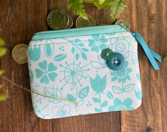 Monedero de tela de flores hecho a mano Cartera de dinero con cremallera floral Bolsa de tarjeta turquesa con botón de brillo acolchado y forrado Idea de regalo de jardineros